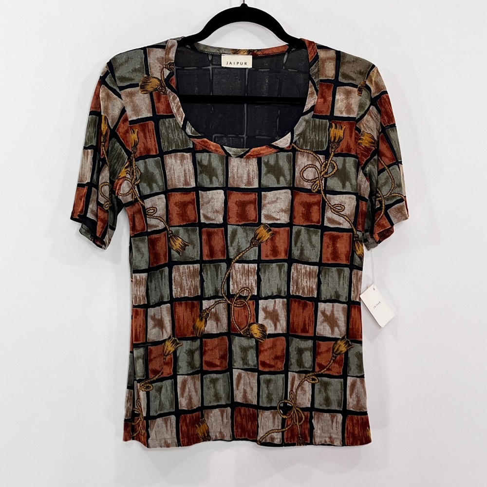 Jaipur Womens Vintage 90s Tassel Grid Mesh Scoop Neck Top Rust Sage Large 88429